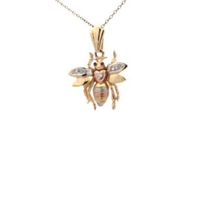 10K Tri Gold 22mm Bee Pendant w/ C.Z & Ruby Eyes