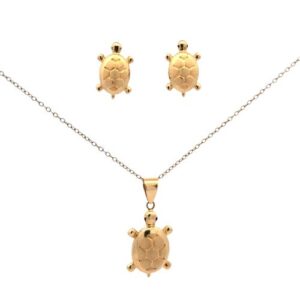 18K Yellow Gold Matching Sea Turtle Stud Earrings & Pendant