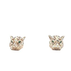 Pair of 18K Yellow Gold Panther Head Stud Earrings w/ Emerald Eyes
