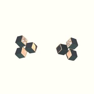 Pair of 18K Yellow Gold Onyx Malachite Inlay 8 Diamond Accent Tri Cube Stud Earrings