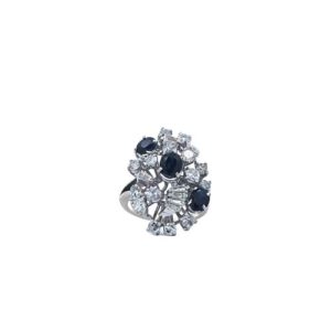 12K White Gold Spray Style Ring w/ 3 Oval Sapphires, 16 RBC Diamonds & 6 Baguette Cut Diamonds