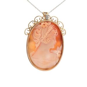 14K Yellow Gold Oval Cameo Brooch/Pendant w/ 2 Diamond Accent