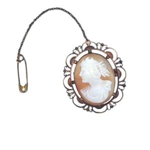 Antique 9K Gold Oval Cameo “Diana The Huntress” Brooch w/ Safety Chain