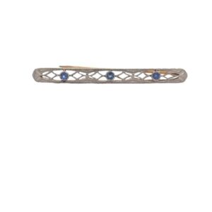 Vintage 14K White & Yellow Gold 52mm Filigree Brooch w/ 3 Sapphires
