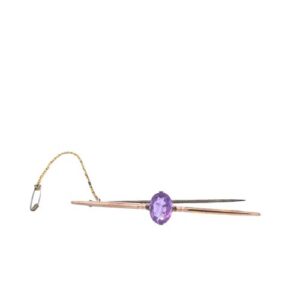 Vintage 9CT Gold Oval Amethyst Bar Pin w/ Safety Chain