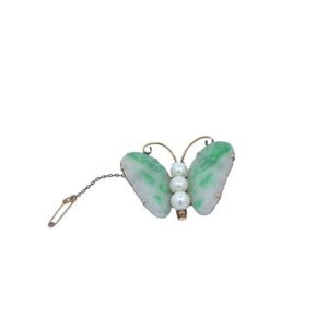 14K Yellow Gold Jadeite Butterfly Brooch w/ 3 Pearls, 2 Rubies & Safety Chain