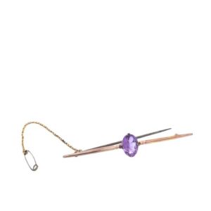 Vintage 9CT Gold Oval Amethyst Bar Pin w/ Safety Chain