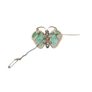 14K Yellow Gold Jadeite Butterfly Brooch w/ 3 Pearls, 2 Rubies & Safety Chain