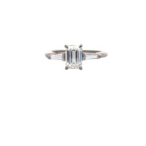 18K White Gold Ring w/1.20CT Emerald Cut Diamond Centre & 2 Tapered Baguette Diamonds