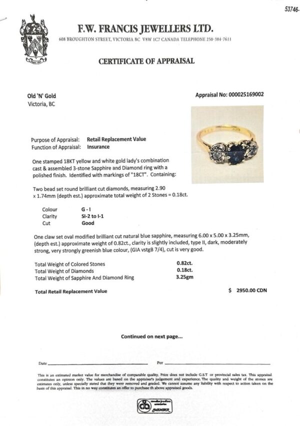 Vintage 18K Yellow Gold Ring w/ .82CT Oval Naural Blue Sapphire Centre & 2 Diamonds - Image 5