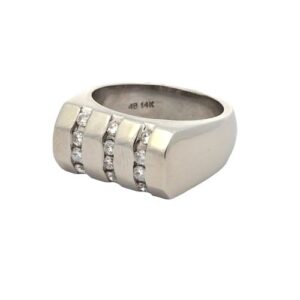 14K White Gold 12 RBC Diamond Rounded Signet Style Ring
