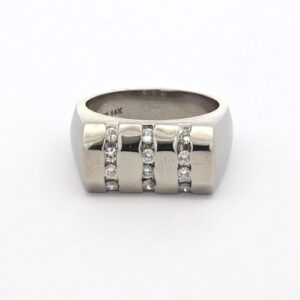 14K White Gold 12 RBC Diamond Rounded Signet Style Ring