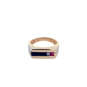 10K Yellow Gold Onyx Centre, 1 Ruby & 1 Diamond Accent Signet Style Ring