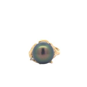 14K Yellow Gold Ring w/13.2mm Tahitian Pearl & 1 Diamond Accent