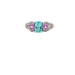 14K White Gold Ring w/ 7mm x 5mm Paraiba Centre,  2 Triangluar Pink Tourmalines & 2 Diamond Accents