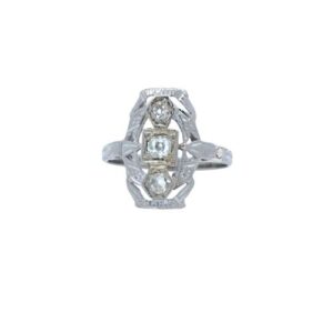 14K White Gold Deco Style Ring w/ 1 Rose Cut Diamond & 2 OMC Diamonds
