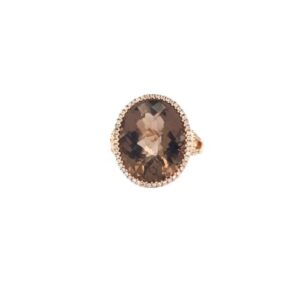 14K Rose Gold 16mm x 13mm Oval Checker Smokey Quartz Centre Diamond Accent Halo Ring