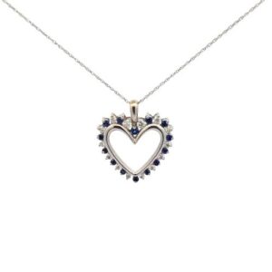 18K White Gold Open Heart Pendant w/ 14 Blue Sapphires & 14 Diamonds