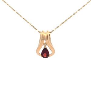 14K Yellow Gold 8x6mm Pear Cut Garnet & 1 Diamond Accent Pendant on Adjustable Chain