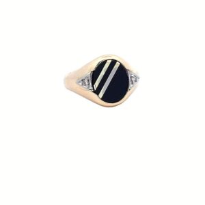 10K Yellow Gold Oval Onyx Signet Style Ring w/ Gold Stripe Accent Centre & 2 Diamond Accents