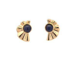 Pair of 14K Yellow Gold Fan Style Earrings w/ 6mm Round Cabochon Sapphire