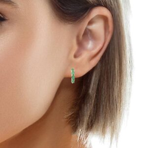Pair of 14K Yellow Gold 4 Oval Emerald Huggie Hoop Earrings w/ Lock