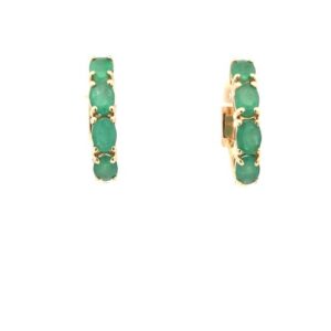 Pair of 14K Yellow Gold 4 Oval Emerald Huggie Hoop Earrings w/ Lock