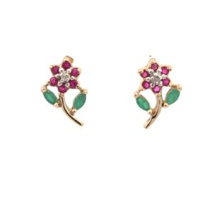 Pair of 10K Yellow Gold Ruby, Emerald & Diamond Flower Stud Earrings