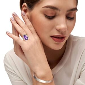 14K Yellow Gold 17 RBC Diamond Halo Ring w/ 6.71CT Pear Cut Amethyst