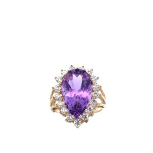 14K Yellow Gold 17 RBC Diamond Halo Ring w/ 6.71CT Pear Cut Amethyst