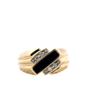 10K Yellow Gold Onyx Inlay 4 RBC Diamond Accent Signet Style Ring