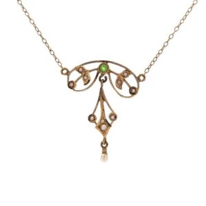 Antique 14K Yellow Gold 15″ Seed Pearl & Peridot Necklace