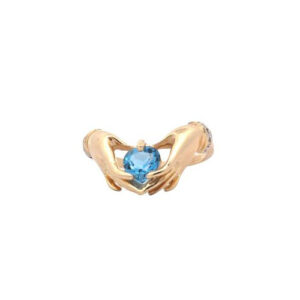 10K Yellow Gold Hands Holding a Heart Cut Blue Topaz Ring w/ Diamond Accents