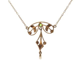 Antique 14K Yellow Gold 15″ Seed Pearl & Peridot Necklace