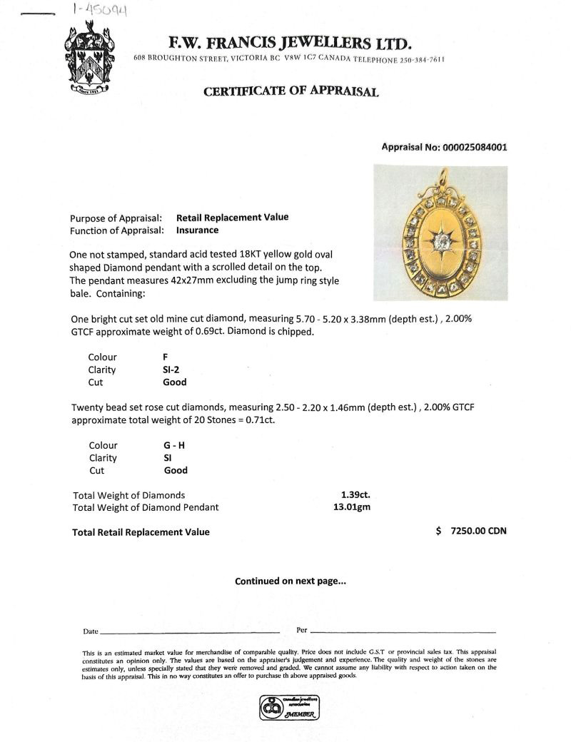 18K Yellow Gold Oval Scroll Detail Pendant w/ .69CT OMC Diamond Centre & Rose Cut Diamonds 1.39CT TDW - Image 5