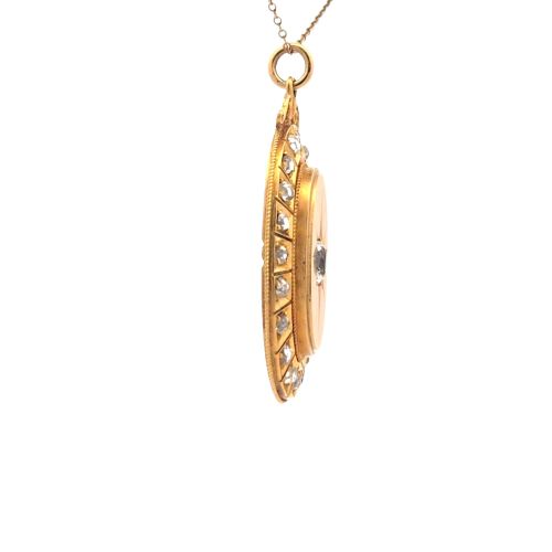 18K Yellow Gold Oval Scroll Detail Pendant w/ .69CT OMC Diamond Centre & Rose Cut Diamonds 1.39CT TDW - Image 3