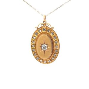 18K Yellow Gold Oval Scroll Detail Pendant w/ .69CT OMC Diamond Centre & Rose Cut Diamonds 1.39CT TDW