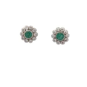 Pair of EFFY 14K White Gold Emerald Centre Floral Diamond Cluster Stud Earrings