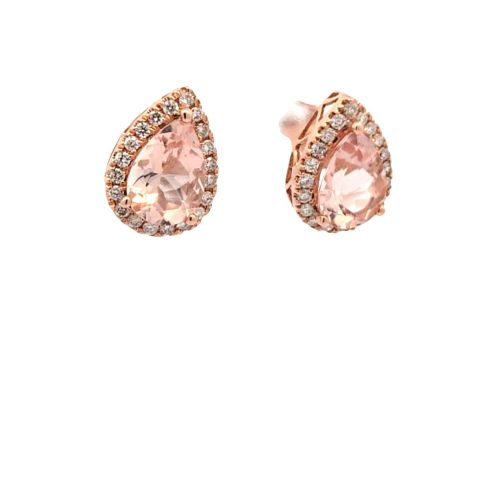Pair of 14K Rose Gold Pear Cut Morganite Diamond Halo Stud Earrings - Image 3