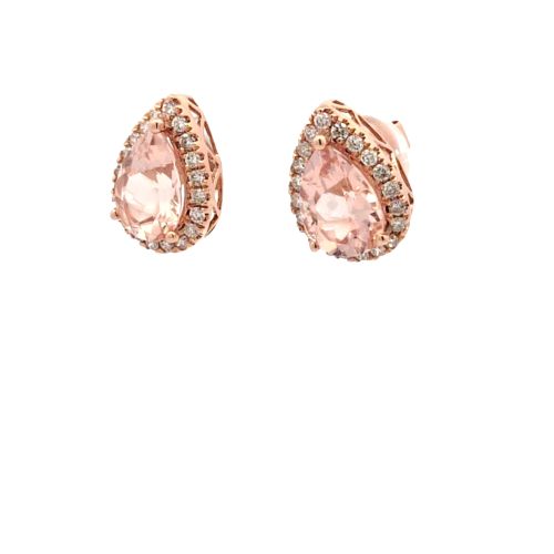 Pair of 14K Rose Gold Pear Cut Morganite Diamond Halo Stud Earrings - Image 4