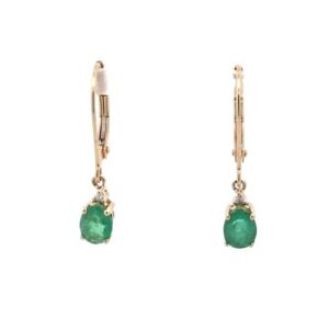 Pair of 10K Yellow Gold Dangle Earrings w/ Oval Emerald & 1 Diamond Accent