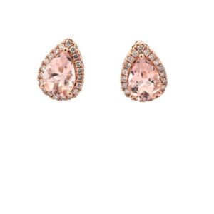 Pair of 14K Rose Gold Pear Cut Morganite Diamond Halo Stud Earrings