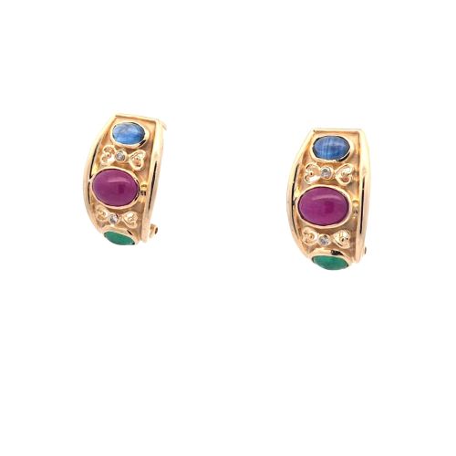 Pair of 14K Yellow Gold Omega Back Earrings w/ Oval Rubies, Sapphires, Emeralds & RBC Diamonds - Image 4