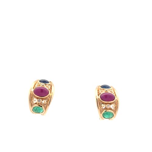 Pair of 14K Yellow Gold Omega Back Earrings w/ Oval Rubies, Sapphires, Emeralds & RBC Diamonds - Image 5