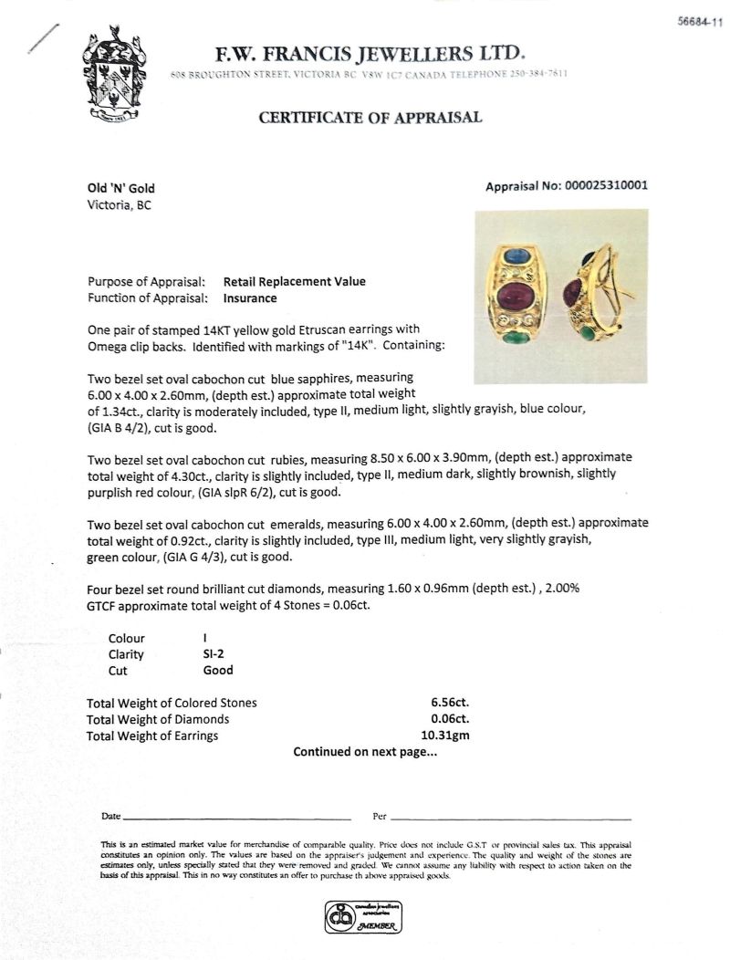 Pair of 14K Yellow Gold Omega Back Earrings w/ Oval Rubies, Sapphires, Emeralds & RBC Diamonds - Image 6