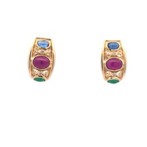 Pair of 14K Yellow Gold Omega Back Earrings w/ Oval Rubies, Sapphires, Emeralds & RBC Diamonds