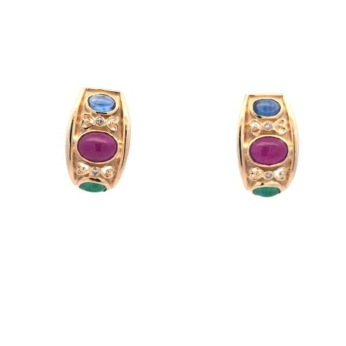 Pair of 14K Yellow Gold Omega Back Earrings w/ Oval Rubies, Sapphires, Emeralds & RBC Diamonds