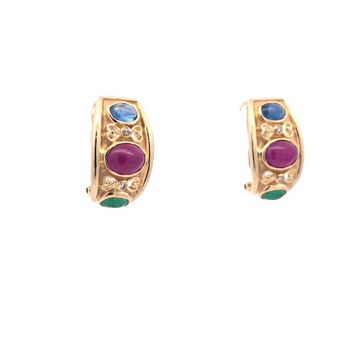 Pair of 14K Yellow Gold Omega Back Earrings w/ Oval Rubies, Sapphires, Emeralds & RBC Diamonds - Image 3