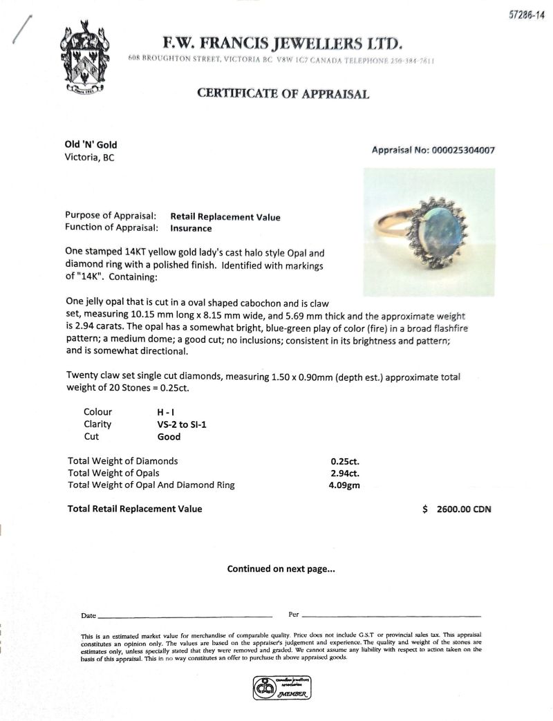 14K Yellow Gold Ring w/ 2.94CT Oval Jelly Opal Centre & 20 RBC Diamond Halo - Image 5