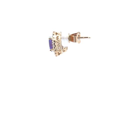 Pair of 10K Yellow Gold Stud Style Earrings w/ Oval Tanzanites & Diamond Halo - Image 3